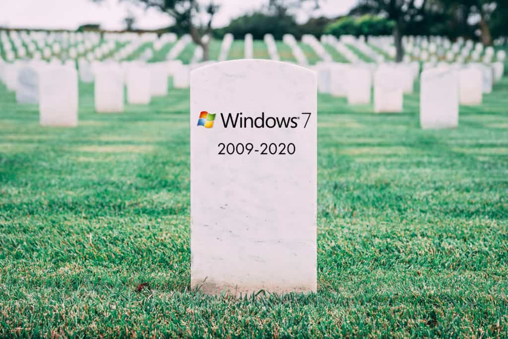 A tombstone marking the end of Windows 7 era.