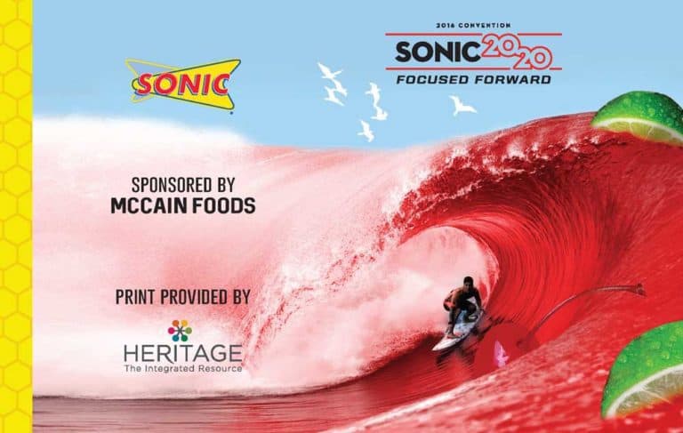 A print poster featuring a man riding a surfboard at a sonic event.