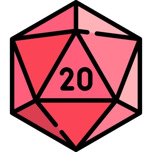 A culturally-inspired pink d20 dice representing the number 20.