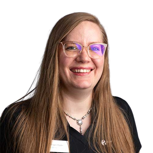 Allegra-removebg-preview A smiling IT expert wearing glasses and a black shirt, managing and maintaining your network.