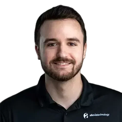 An IT expert in a black shirt with a beard.