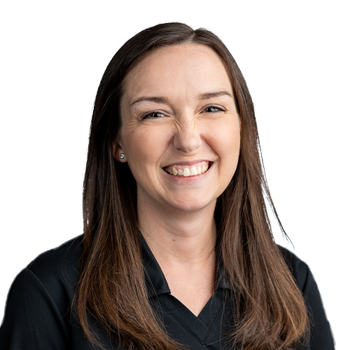 A smiling woman in a black shirt offering IT expertise and network maintenance.